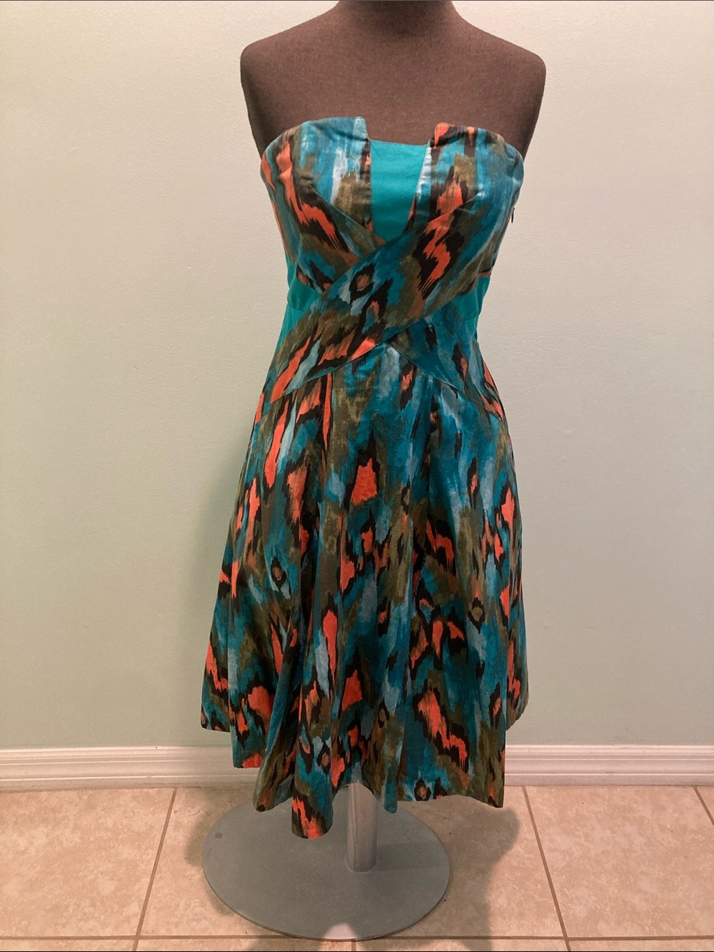 Mauve Turquoise Strapless Printed A-Line Dress